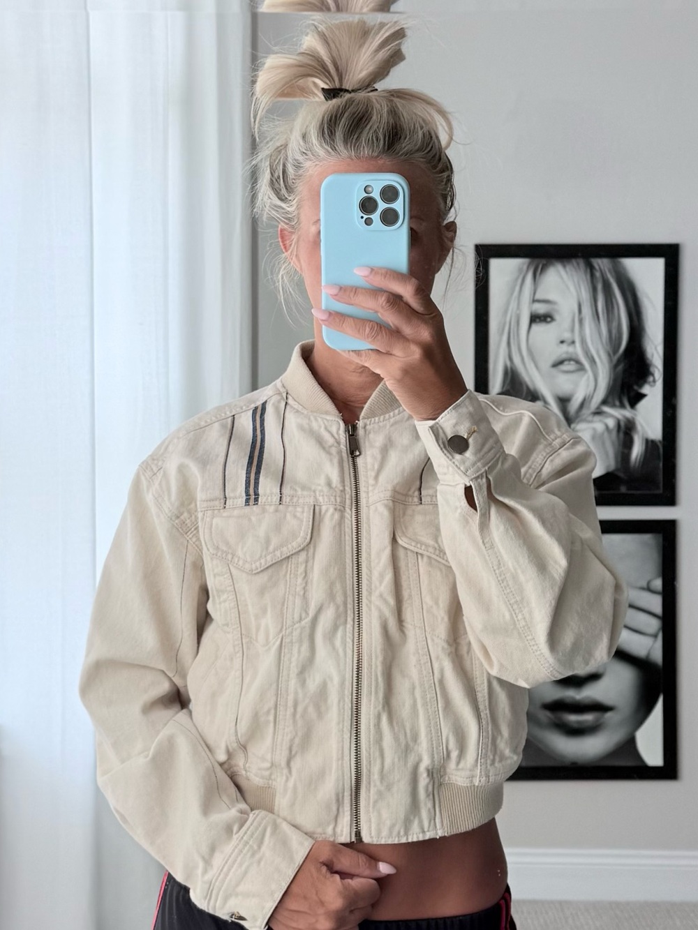 Urban Outfitters Light Cream denim Bomber Jacket with Navy Stripe